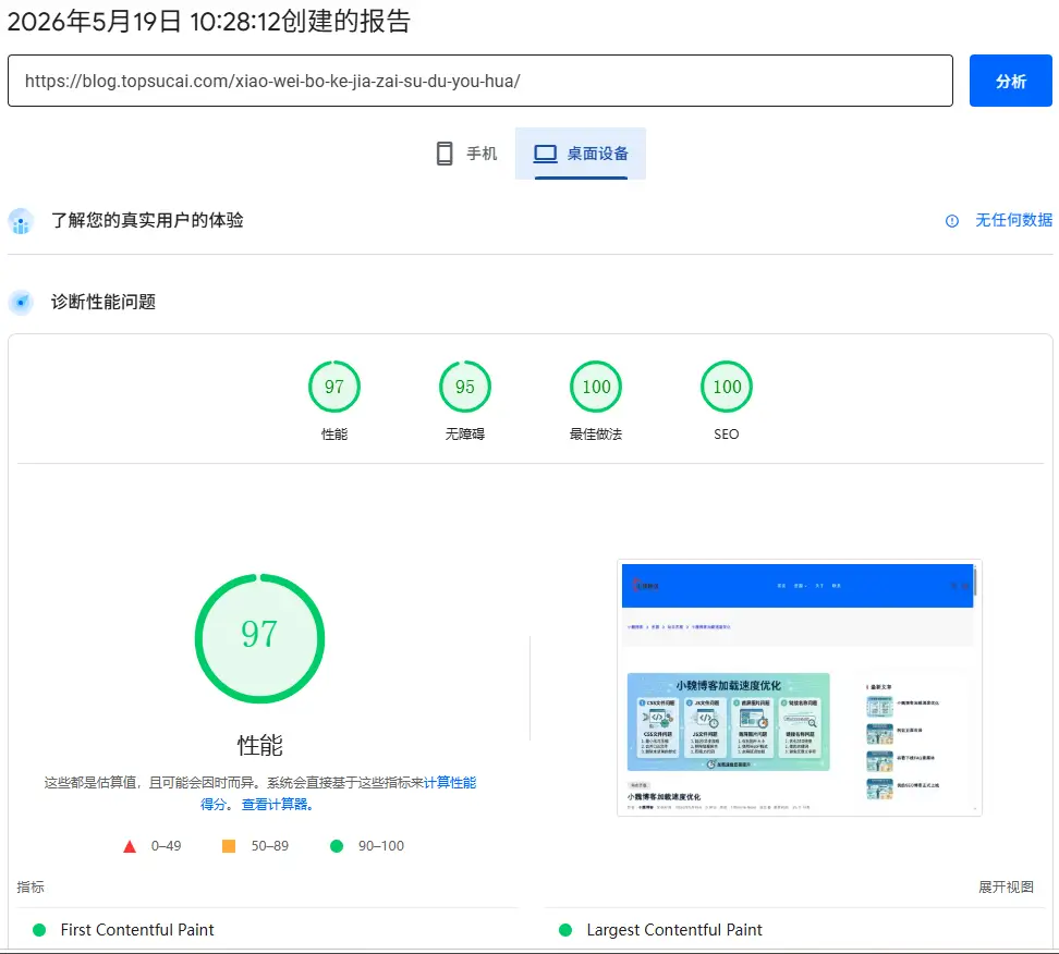 加载速度优化后的页面评分